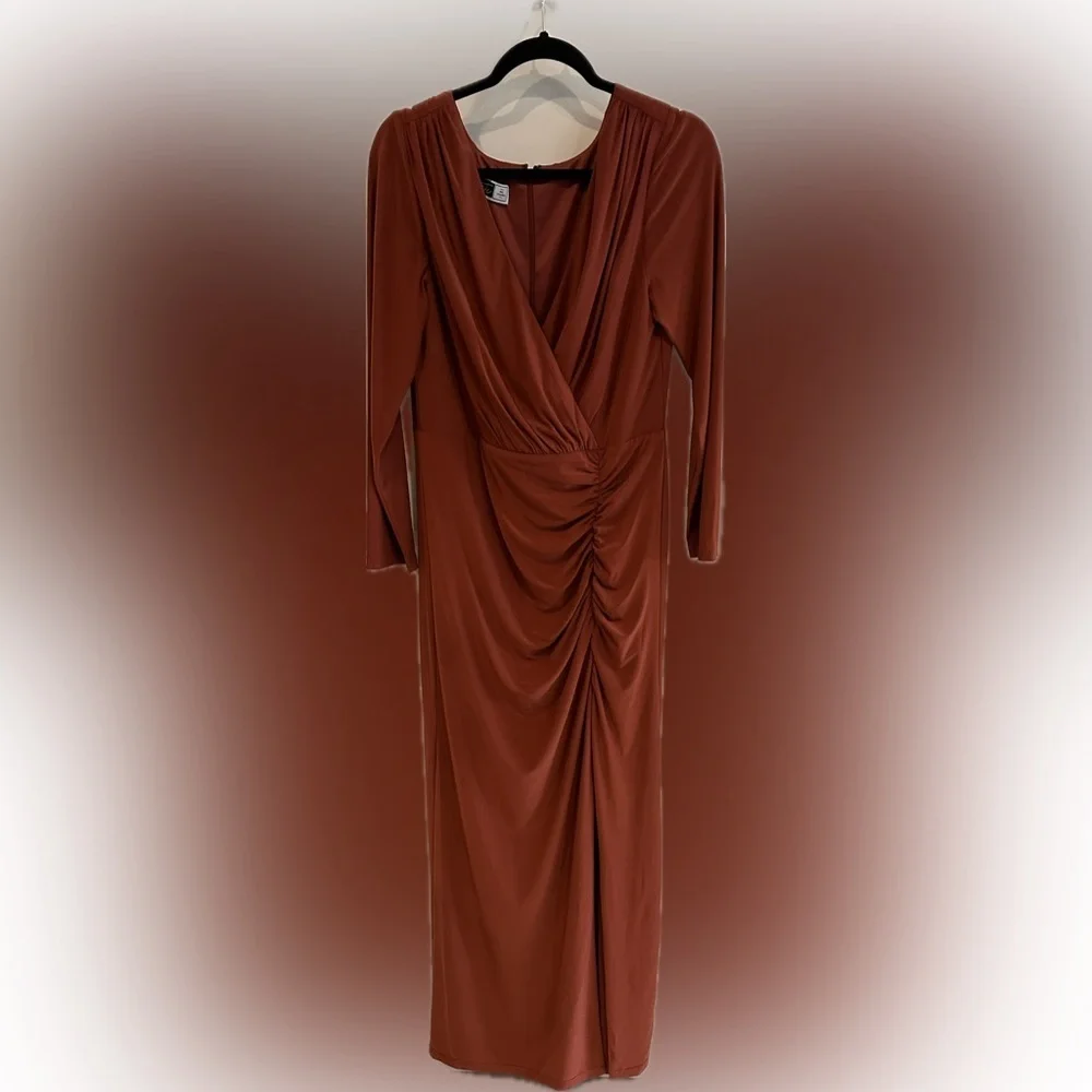 Elegant Burnt Sienna Long Sleeve Ruched Formal Gown- Size 14 - Picture 2 of 6